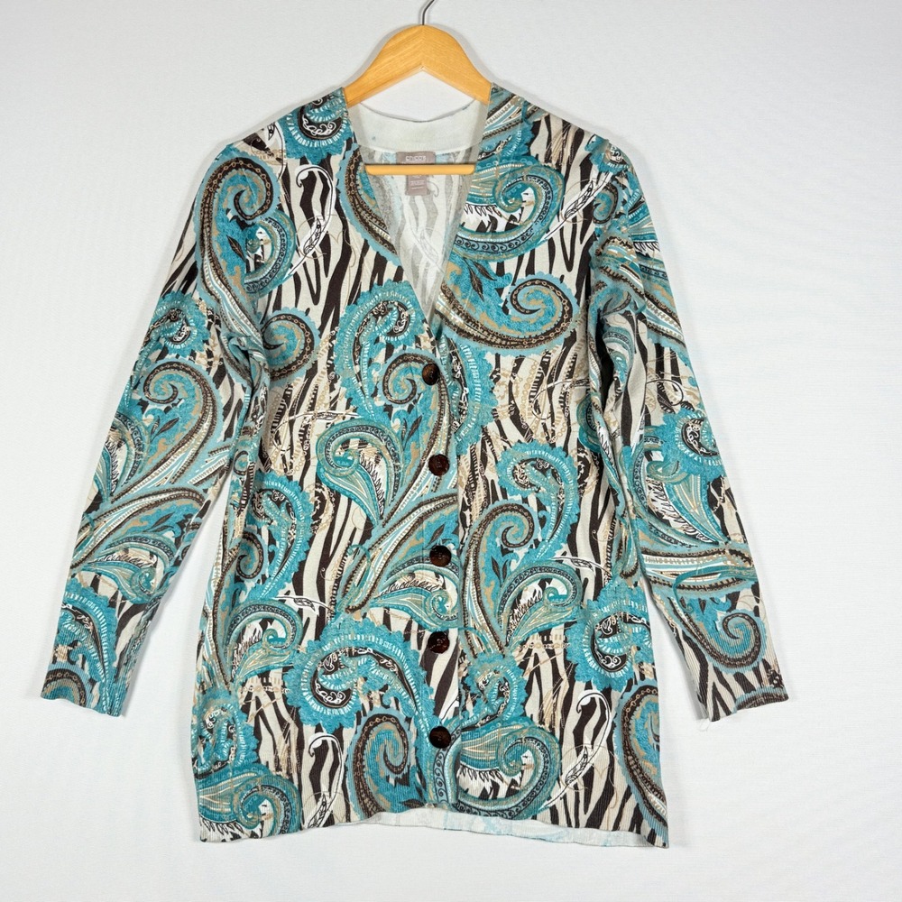 Chico's Paisley Zebra‎ Cardigan Sweater 1 Medium Aqua Beige Artsy Statement Bold